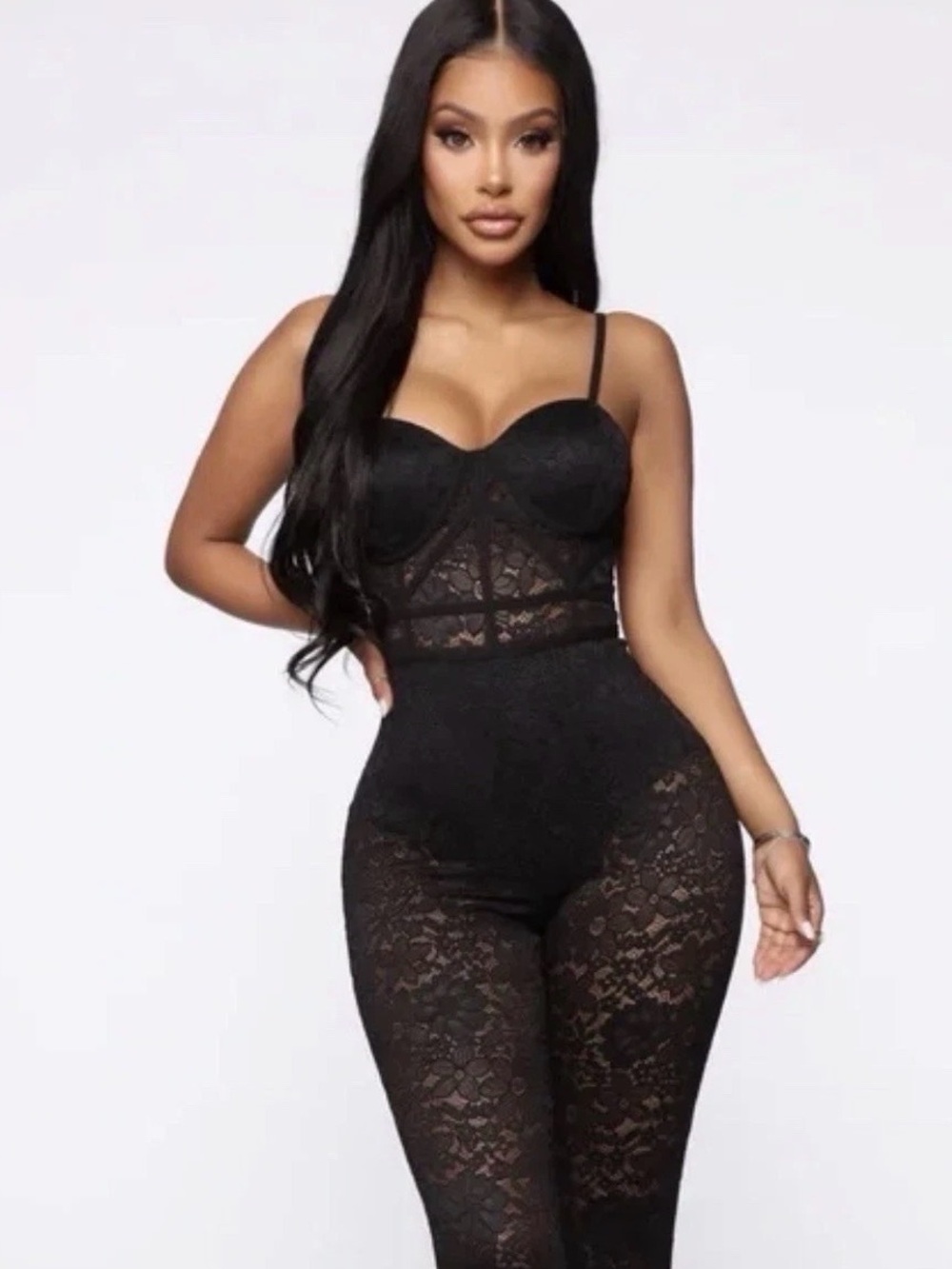 Fashion Nova Jumpsuit Womens S Black  Lace Sweetheart Slim Leg Sexy Statement